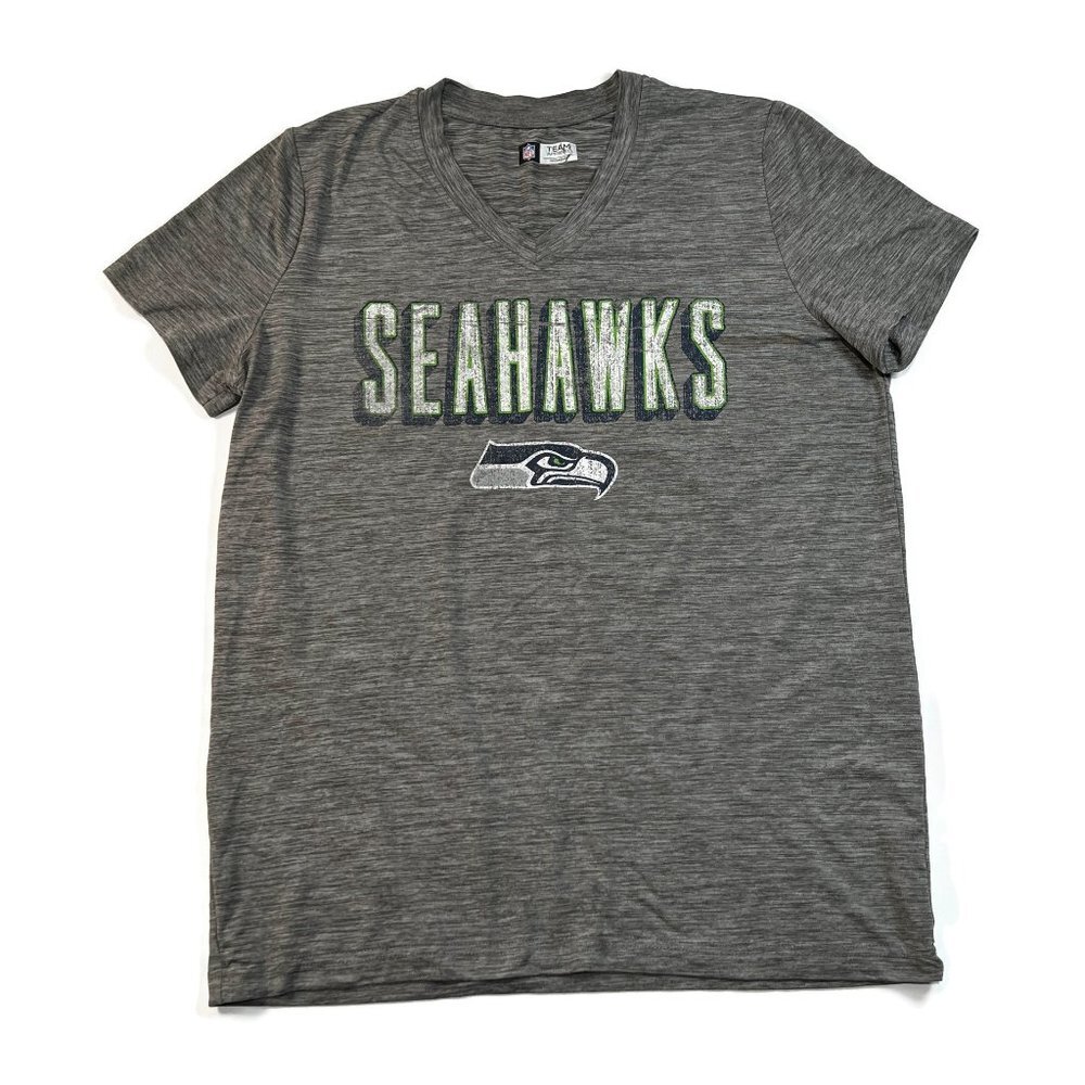 Seattle Seahawks T-Shirt Womens Large Gray Short Sleeve V Neck‎ NFL Team